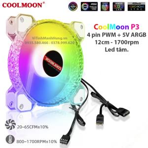 Quạt CoolMoon P3, 4 pin PWM + 5V ARGB, 12cm, 1700rpm, Led tâm.